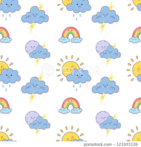 seamless pattern of cute children weather characters on white background. trendy pattern for wrapping paper, textile and other products. 121933126