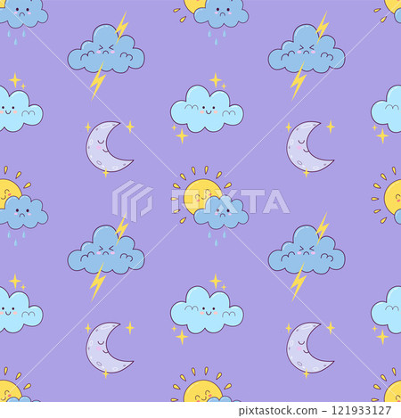 textile background with cute weather elements. doodle seamless pattern for wrapping, poster and postcards. kids background 121933127