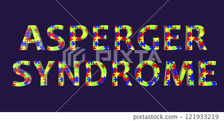 Asperger syndrome, a text made of colorful puzzle patterns, 3D illustration 121933219