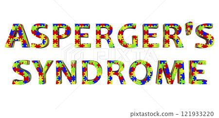 Asperger's syndrome, a text made of colorful puzzle patterns, 3D illustration 121933220