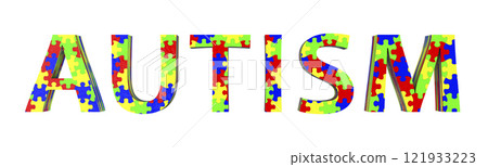 The text Autism made entirely of colorful puzzle patterns, representing the complexity and diversity of the autism spectrum, 3D illustration 121933223