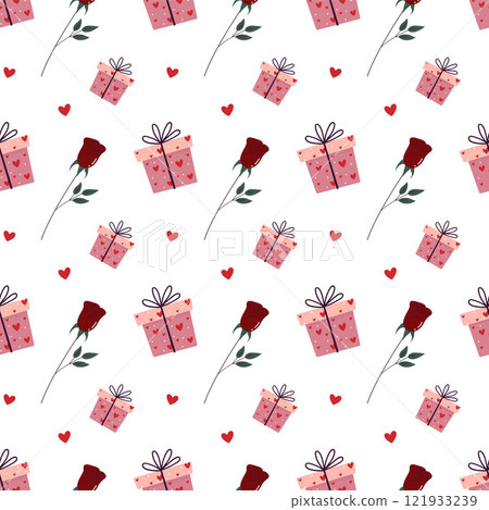 Saint Valentines seamless Pattern of Gifts and Roses on White Background 121933239