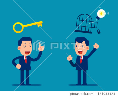 Vector of successful businessman with golden key help unlock idea bulb from a cage Vector of successful businessman with golden key help unlock idea bulb from a cage 121933323