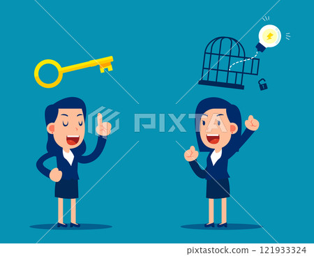 Vector of successful businesswoman with golden key help unlock idea bulb from a cage 121933324