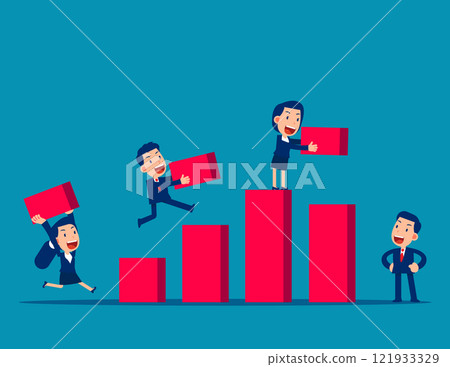 Vector of team of businesesman and businesswoman working together to build bar chart 121933329