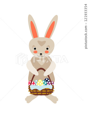 Cartoon easter gray bunny standing with basket of colorful eggs 121933354