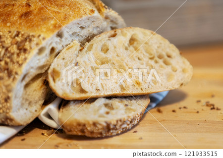 Homemade bread, sourdough wheat loaf with seeds 121933515