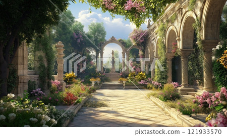 Beautiful garden with bright flowers and sunlit architecture during golden hour in a serene landscape 121933570