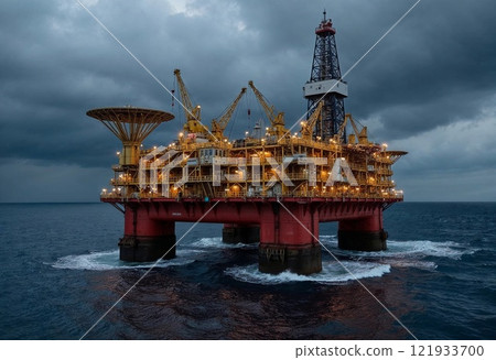 Illuminated Offshore Oil Rig Stands Resilient Against Stormy Skies in the Twilight Hours 121933700