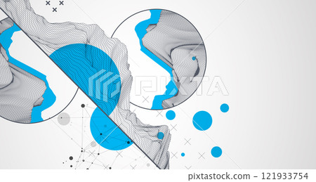 Trendy abstract wireframe background. Modern science or technology art elements. Surface illustration inside circles. Vector 121933754
