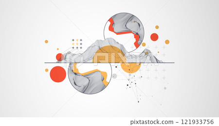 Trendy abstract wireframe background. Modern science or technology art elements. Surface illustration inside circles. Vector 121933756
