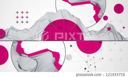 Trendy abstract wireframe background. Modern science or technology art elements. Surface illustration inside circles. Vector 121933758