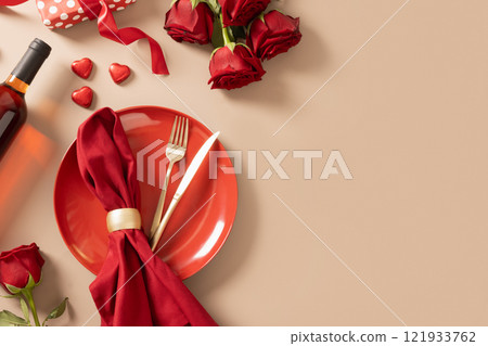 Valentine's day dinner with red plate, romantic gift and red roses. Valentine's day dinner with red plate, romantic gift and red roses. 121933762