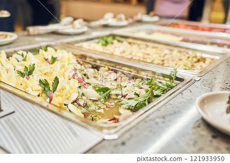 Selective focus on a fresh vegetable salad of eggs and radishes. Dietary nutrition with space to copy. High quality photo Selective focus on a fresh vegetable salad of eggs and radishes. Dietary nutrition with space to copy. High quality photo 121933950
