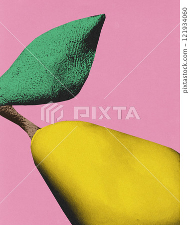 Minimalist artistic illustration of yellow pear with green textured leaf on pink background Minimalist artistic illustration of yellow pear with green textured leaf on pink background 121934060