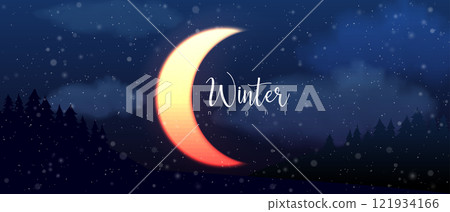 Winter snowfall night sky horizontal background of half moon. Moonlight nature forest vector landscape. Snowy light effect abstract header banner. Christmas design mystical holiday night cover, cloud 121934166