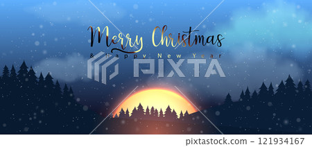 Winter snowfall morning sky horizontal background of sun or moon. Snowy cloudy forest vector landscape. Snow flakes light effect header banner. Merry Christmas design mystical holiday evening cover 121934167
