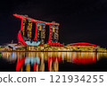 Singapore's icon, Marina Bay Sands, illuminated in red as seen from Merlion Park 121934255