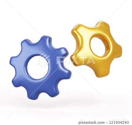 Gold and blue gears 3d render icon. Service settings symbol, technical support, maintenance and repair concept. Realistic cogwheels, isolated design element for mobile app, web design. 3D illustration 121934293