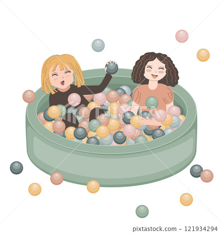 Happy kids playing in dry ball pool. Vector isolated illustration Happy kids playing in dry ball pool. Vector isolated illustration 121934294
