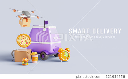 Smart delivery service 3d banner. Drone and autonomous robot courier delivers food, parcel box. Fast shipping order from restaurant or store, render time. Future logistics technology. 3D illustration 121934356