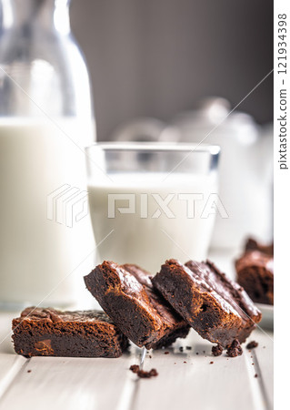 Homemade chocolate brownies on white table. 121934398