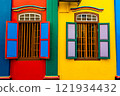 Colorful building windows in Little India, Singapore 121934432