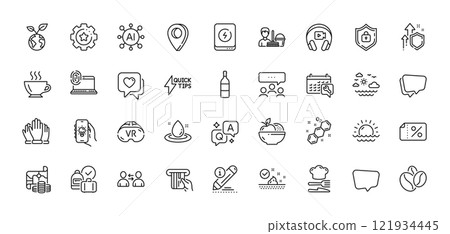 Chemical formula, Settings gear and Spanner line icons pack. AI, Question and Answer, Map pin icons. Chat message, Vr, Skin care web icon. Meeting, Discount banner, Edit pictogram. Vector 121934445