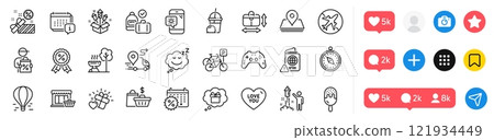 Gamepad, Marketplace and Delivery line icons pack. Social media icons. Pin, Delivery discount, Weather phone web icon. Gift dream, Discount medal, Sleep pictogram. Vector Gamepad, Marketplace and Delivery line icons pack. Social media icons. Pin, Delivery discount, Weather phone web icon. Gift dream, Discount medal, Sleep pictogram. Vector 121934449