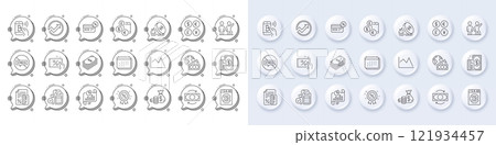 Currency rate, Money currency and Coins bag line icons. White pin 3d buttons, chat bubbles icons. Pack of Payment, Discount, Dollar icon. Line chart, Credit card, Teamwork pictogram. Vector 121934457