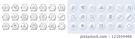 Headshot, Chat and Stress line icons. White pin 3d buttons, chat bubbles icons. Pack of Recovery data, Graph laptop, Business podium icon. Vector 121934466