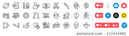 T-shirt, Charging time and Return parcel line icons pack. Social media icons. Cake, Question mark, Face biometrics web icon. Cut, Social care, Smoking pictogram. Vector T-shirt, Charging time and Return parcel line icons pack. Social media icons. Cake, Question mark, Face biometrics web icon. Cut, Social care, Smoking pictogram. Vector 121934468