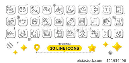Search statistics, Left arrow and Job line icons pack. 3d design elements. Medical syringe, Exit, Dot plot web icon. Sausage, Bill accounting, Organic product pictogram. Vector 121934496