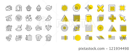 Salad with arugula, Cook meal and Diet menu set. Design shape elements. Healthy food line icons. Crepe, popcorn food and porridge line icons. Vector 121934498