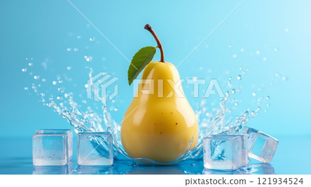 Yellow pear splashes into ice cubes creating refreshing droplets on a bright blue background Yellow pear splashes into ice cubes creating refreshing droplets on a bright blue background 121934524