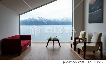 Cozy interior with modern furniture and stunning lake view in a serene mountain setting 121934542