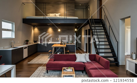 Spacious modern loft with open layout featuring a cozy living area and kitchen, ideal for relaxation and socializing 121934558