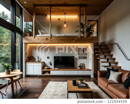 Modern interior with loft bed and stylish decor in a cozy living room overlooking nature 121934559