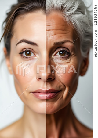 Transformation of a woman's face showing youthful and elderly features side by side for a beauty project 121934565