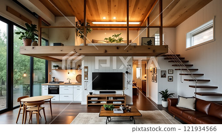Modern living space featuring a lofted bedroom and open kitchen design in a cozy home setting Modern living space featuring a lofted bedroom and open kitchen design in a cozy home setting 121934566