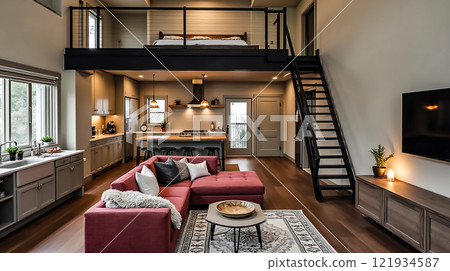 Cozy modern living room with open kitchen and lofted bedroom in serene home setting Cozy modern living room with open kitchen and lofted bedroom in serene home setting 121934587