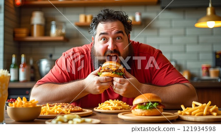 Enthusiastic man prepares to enjoy a large burger and fries at a cozy restaurant during lunchtime 121934598