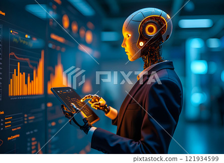 Robotic figure analyses data on a digital interface in a modern workspace environment 121934599