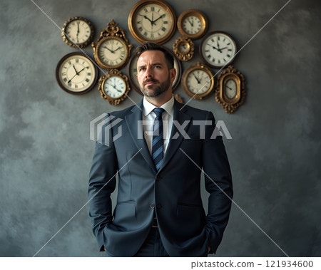 Professional man in a suit stands confidently in front of vintage clocks on a textured wall 121934600