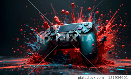 Vibrant explosion of paint surrounding a controller on a dark surface during a creative gaming session 121934601
