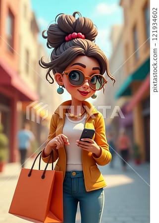 Stylish woman shopping in a vibrant street wearing sunglasses while checking her phone 121934602