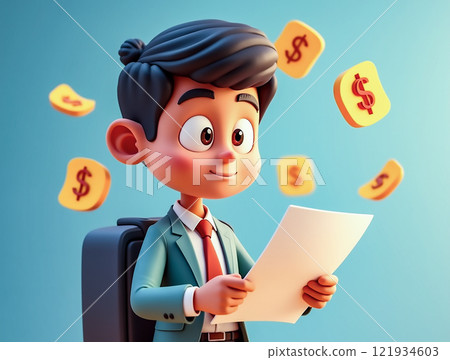 Young boy in suit excitedly reviewing earnings report with dollar signs floating around in vibrant setting 121934603