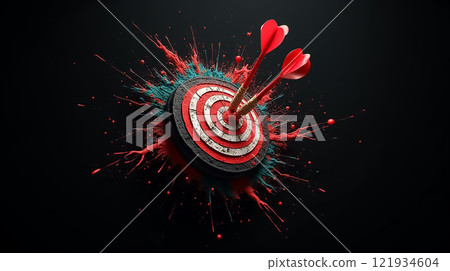 Two darts hitting a bullseye on a dartboard with colorful paint splatter creating a dynamic visual effect Two darts hitting a bullseye on a dartboard with colorful paint splatter creating a dynamic visual effect 121934604