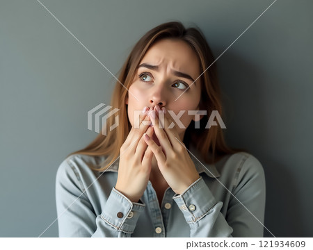 Woman expressing concern while sitting against a gray wall, reflecting on her thoughts and feelings during a quiet moment 121934609