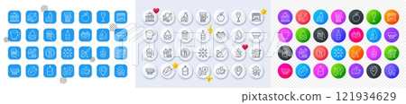 Overeating pills, Vegetables cart and Apple line icons. Square, Gradient, Pin 3d buttons. AI, QA and map pin icons. Pack of Cappuccino, Market, Gluten free icon. Vector 121934629